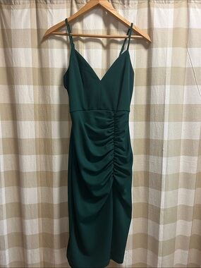 Emerald Sundae Forest Green Ruched Spaghetti Strap Midi Dress